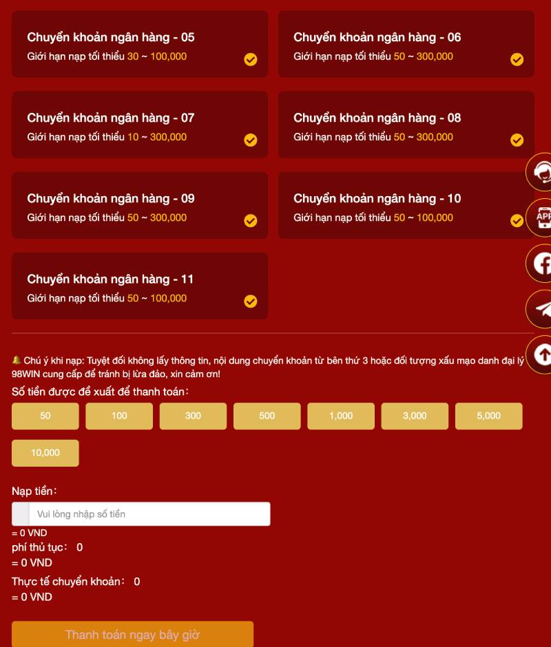 Hướng Dẫn Chi Tiết Các Phương Thức Nạp Tiền 98WIN 4 Chuyen khoan ngan hang