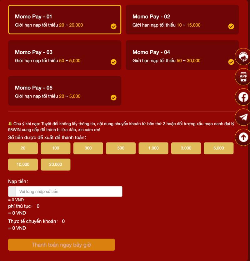 Hướng Dẫn Chi Tiết Các Phương Thức Nạp Tiền 98WIN 3 Momo Pay 98win
