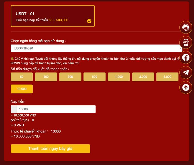 Hướng Dẫn Chi Tiết Các Phương Thức Nạp Tiền 98WIN 6 nap usdt 98win