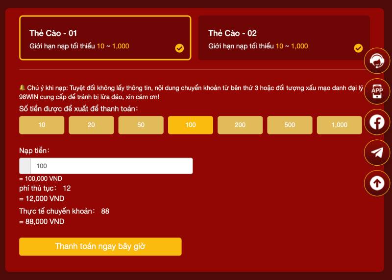 Hướng Dẫn Chi Tiết Các Phương Thức Nạp Tiền 98WIN 5 the cao 98win